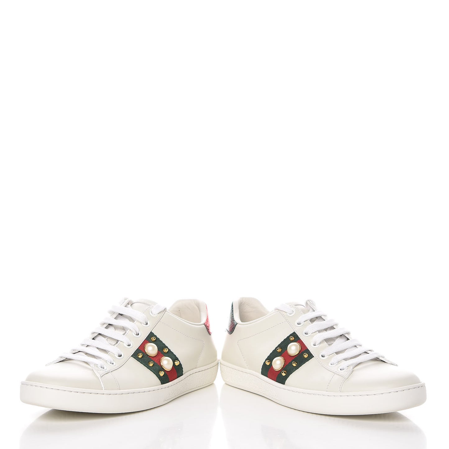 Calfskin Web Pearl Studded Ace Sneakers 38 White