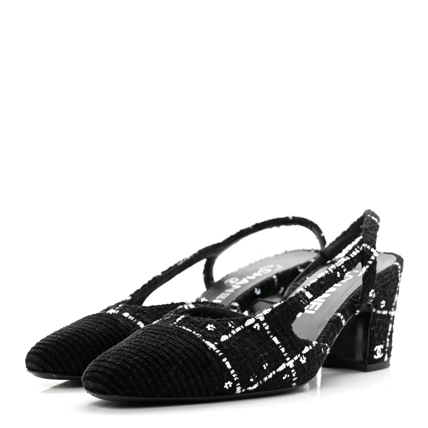Tweed Sequins Corduroy Cap Toe CC Slingback Pumps 38 Black White