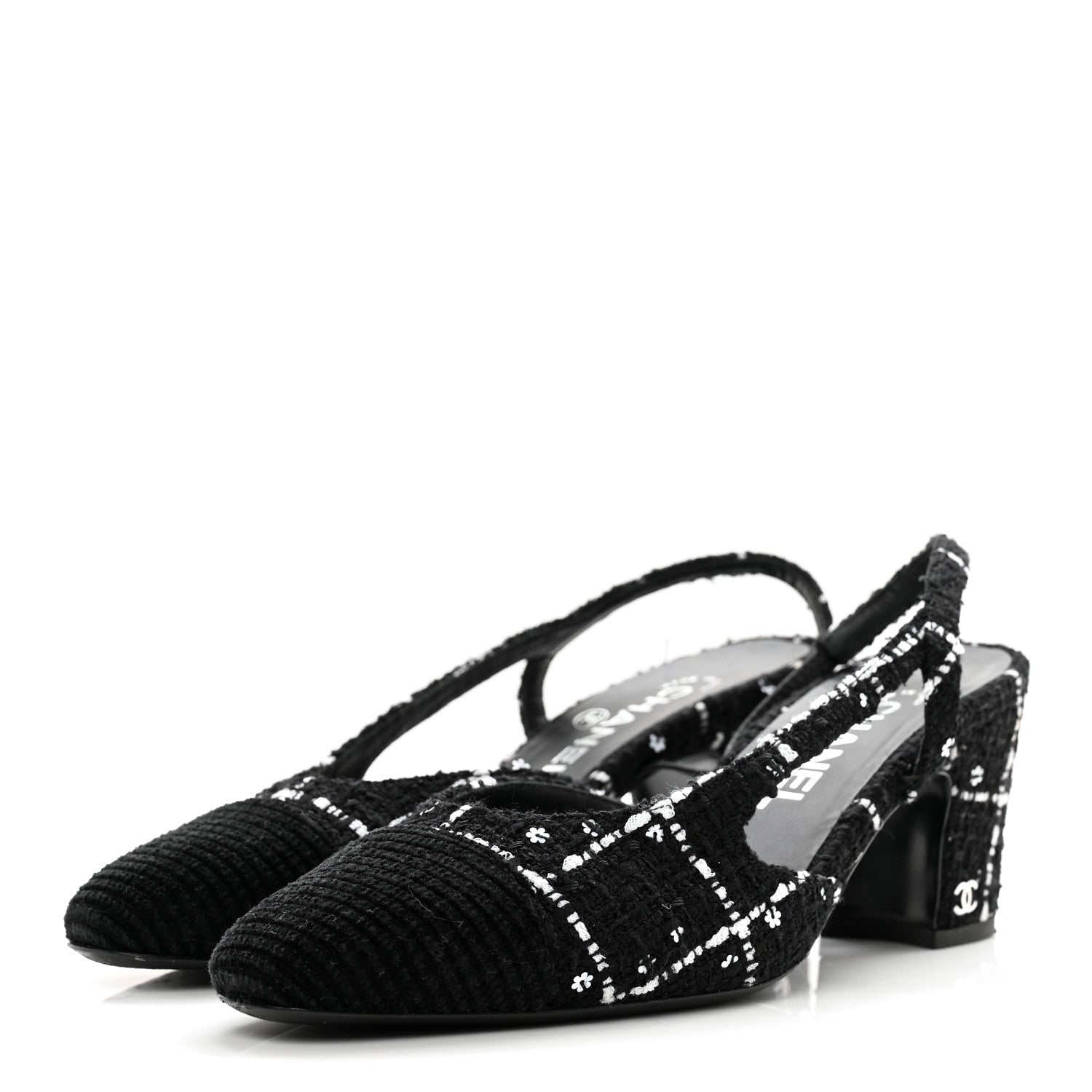 Chanel Tweed Sequins Corduroy Cap Toe CC Slingback Pumps 38 Black White 3 of 14