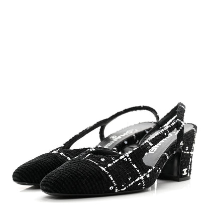 Chanel Tweed Sequins Corduroy Cap Toe CC Slingback Pumps 38 Black White 3 of 14