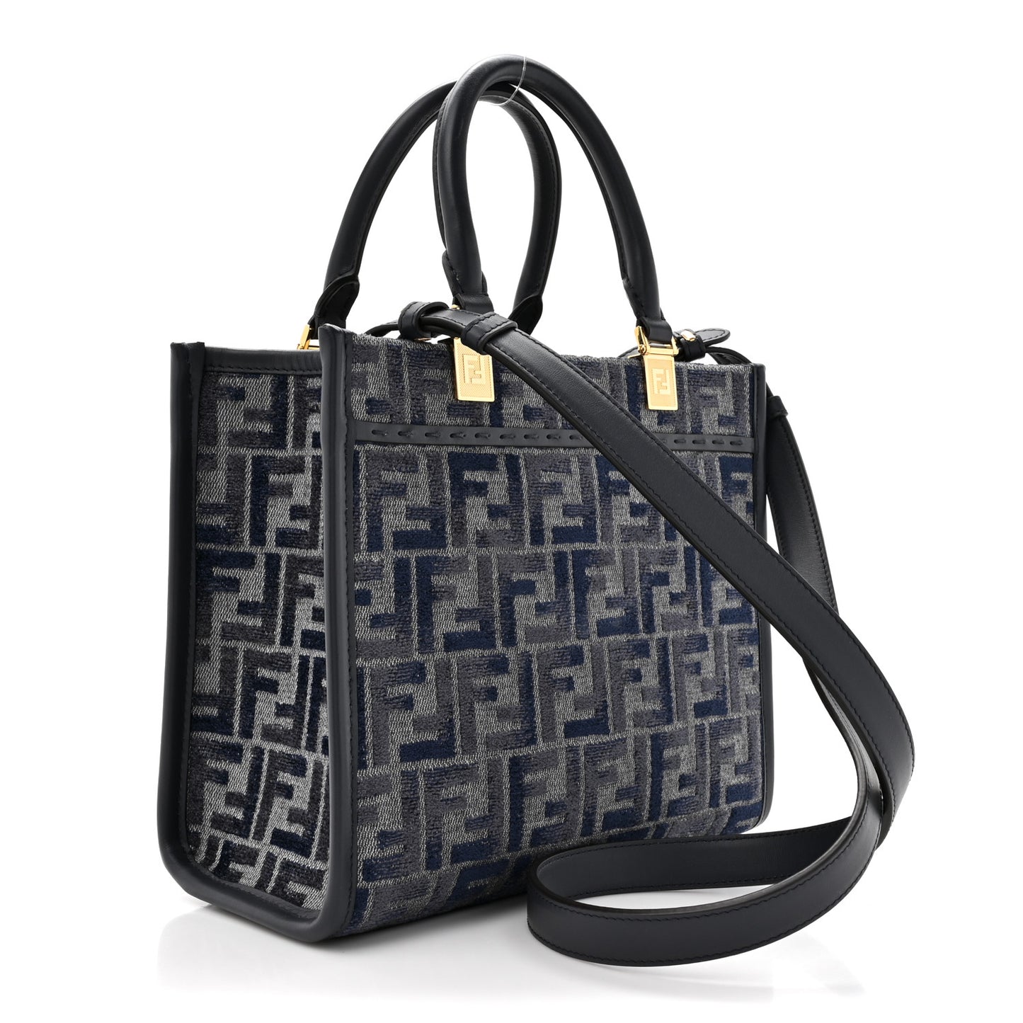 Chenille Vitello Grace FF Embroidered Small Fendi Sunshine Shopper Tote Dark Blue Grey