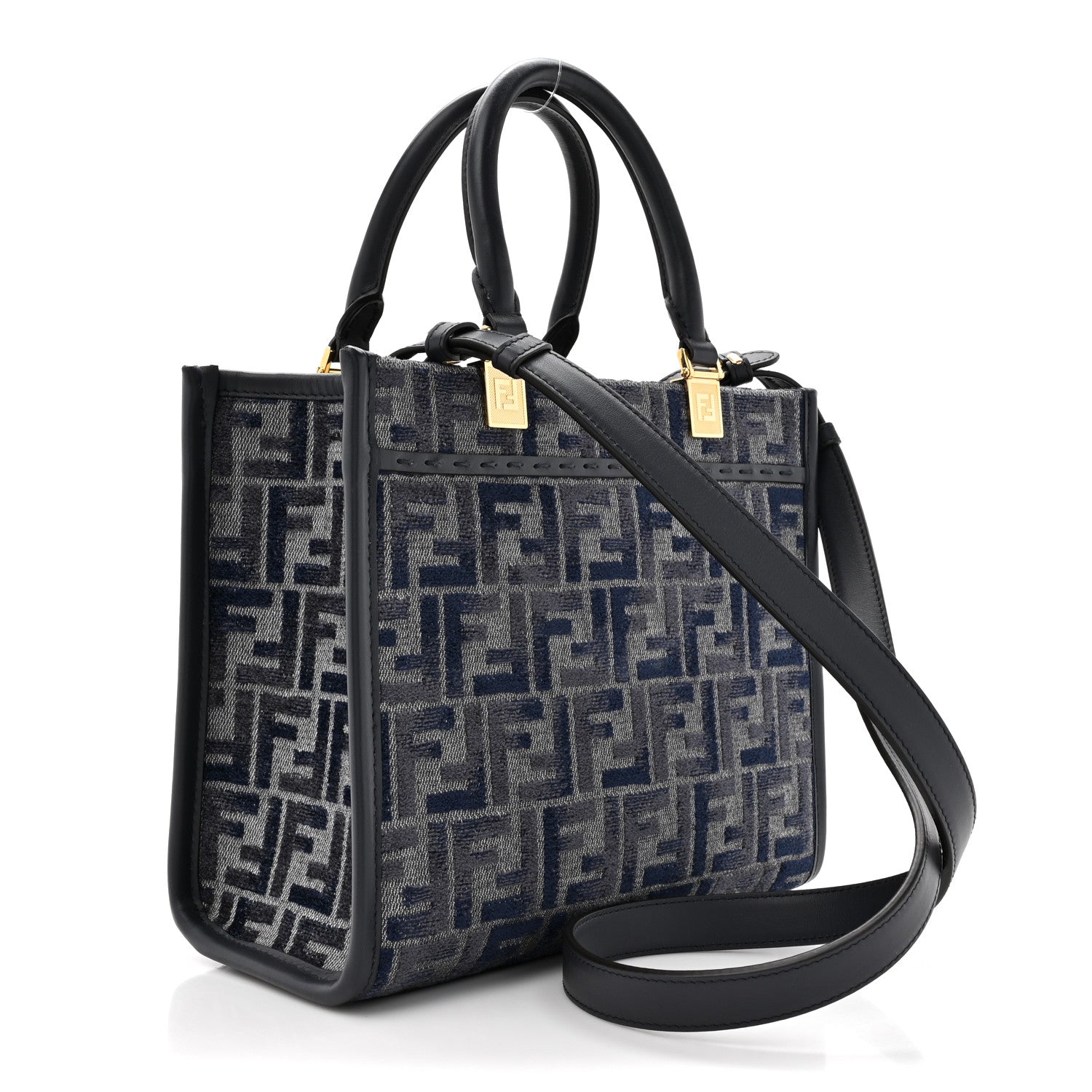Fendi Chenille Vitello Grace FF Embroidered Small Fendi Sunshine Shopper Tote Dark Blue Grey 3 of 10