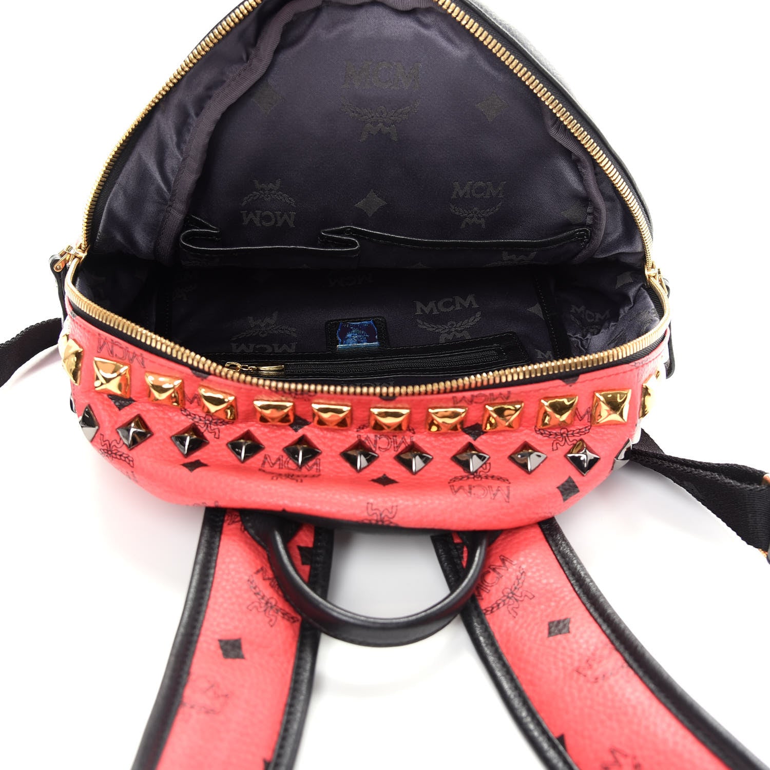 MCM Visetos Studded Colorblock Small Stark Brock Backpack Coral Black 4 of 8