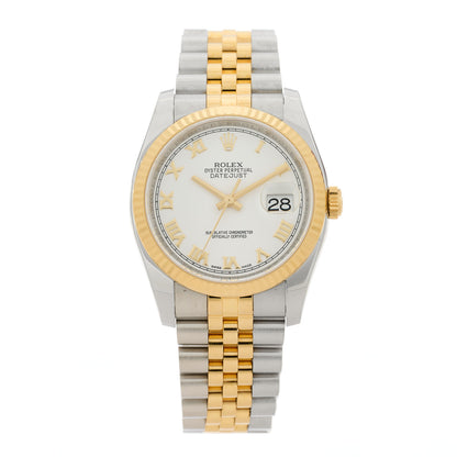 Rolex Stainless Steel 18K Yellow Gold 36mm Oyster Perpetual Datejust Watch White Roman 116233 1 of 5