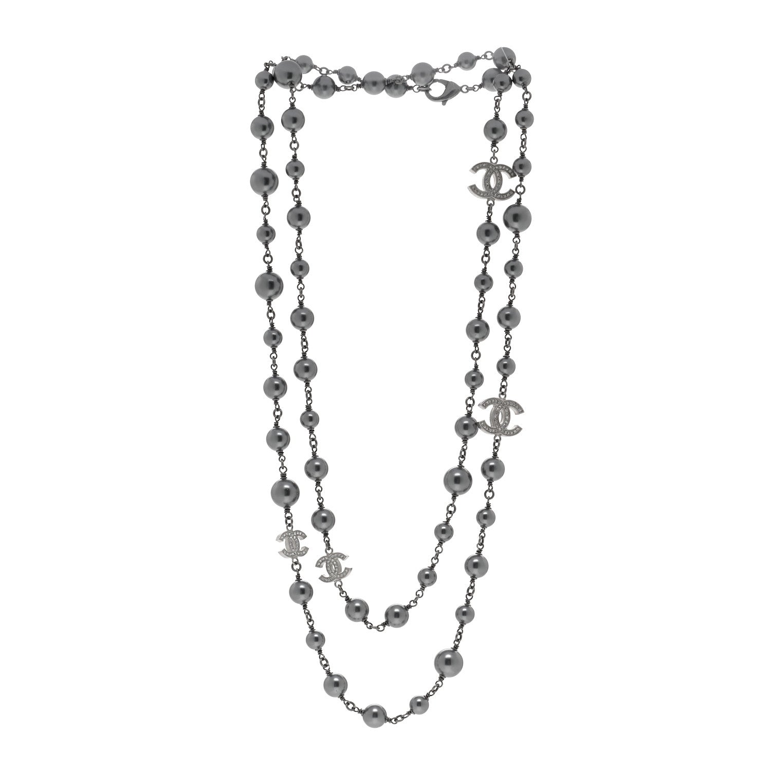 Chanel Crystal Pearl Beaded CC Long Necklace Ruthenium 3 of 6