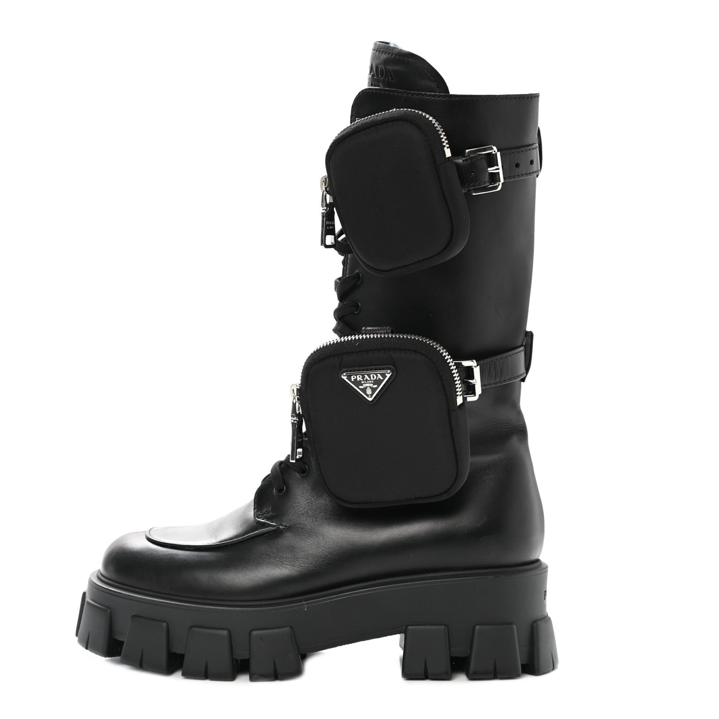 Vitello Lux Nylon Metal Triangle Logo Monolith Pouch Pocket 55mm Tall Combat Boots 41 Black