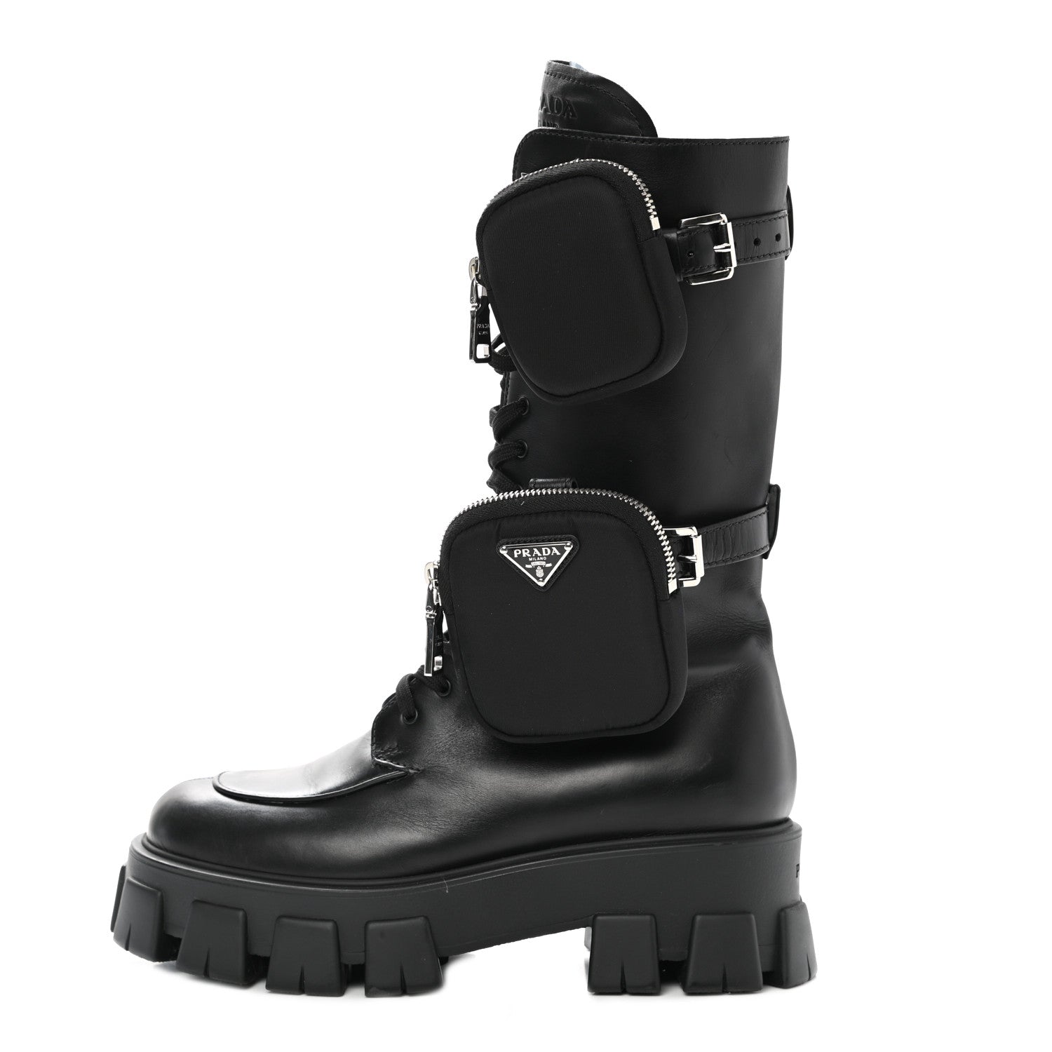 Prada Vitello Lux Nylon Metal Triangle Logo Monolith Pouch Pocket 55mm Tall Combat Boots 41 Black 1 of 11