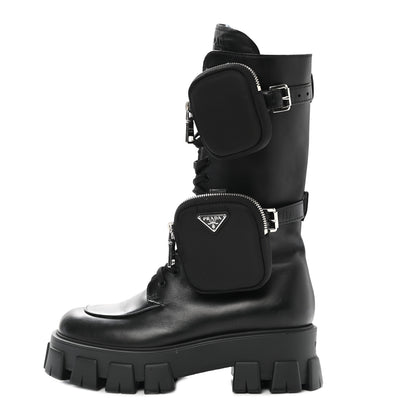 Prada Vitello Lux Nylon Metal Triangle Logo Monolith Pouch Pocket 55mm Tall Combat Boots 41 Black 1 of 11
