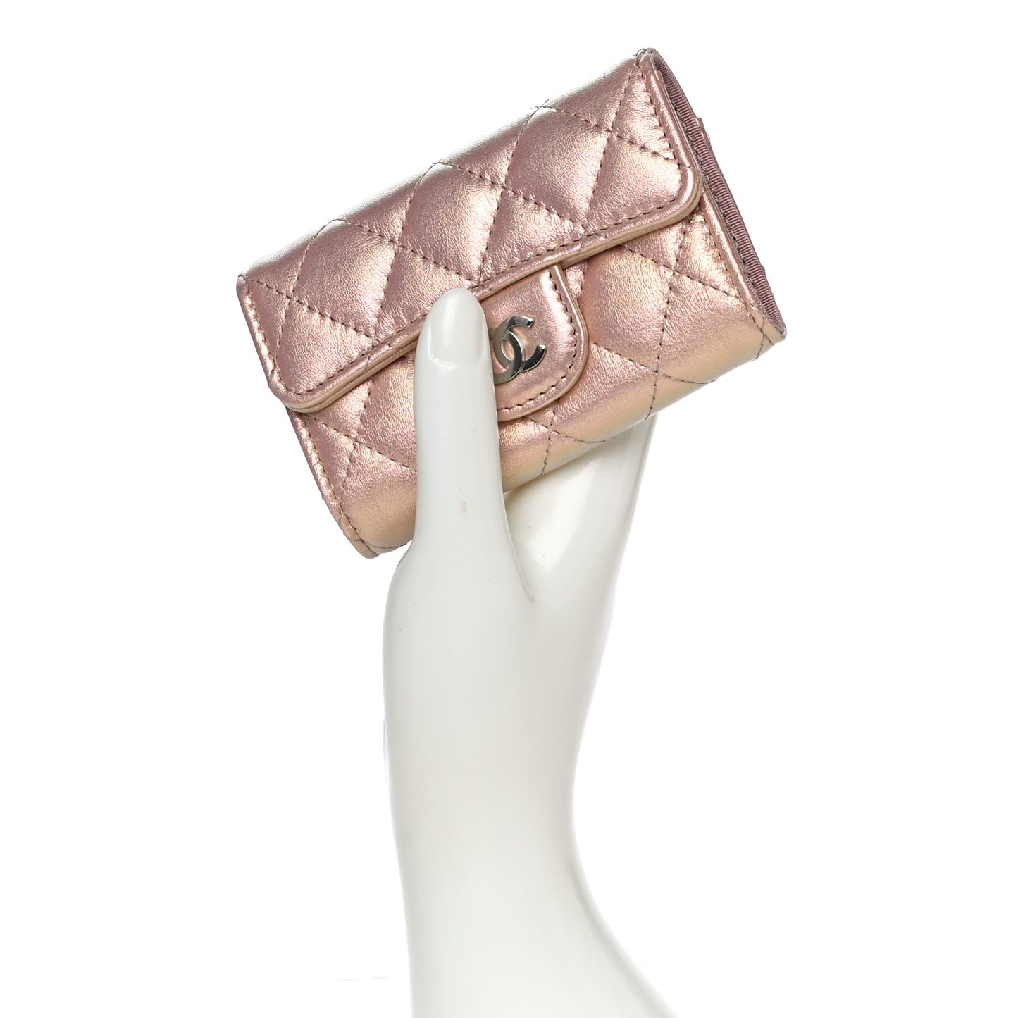 Iridescent Calfskin Quilted Classic 4 Key Holder Wallet Pink