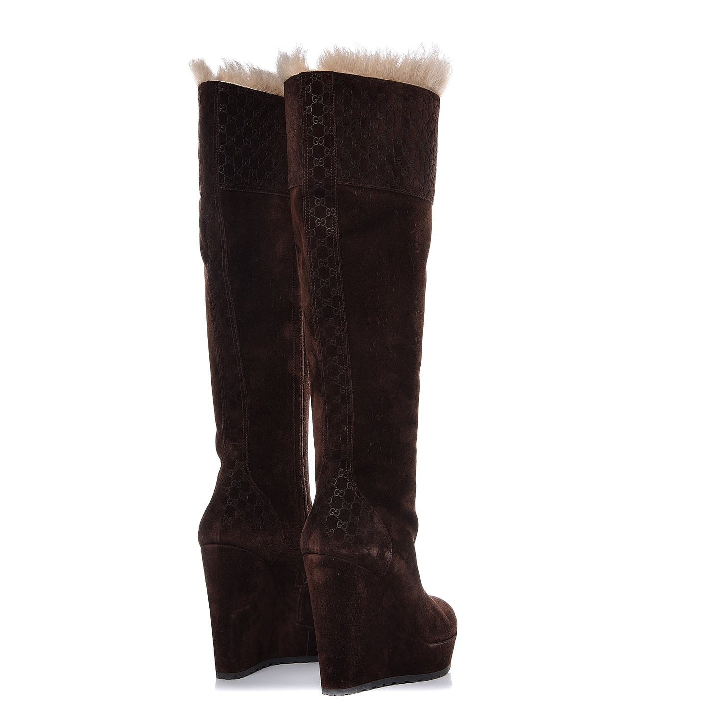 Suede Shearling Fur Microguccissima Courtney Tall Wedge Boots 38 Cocoa