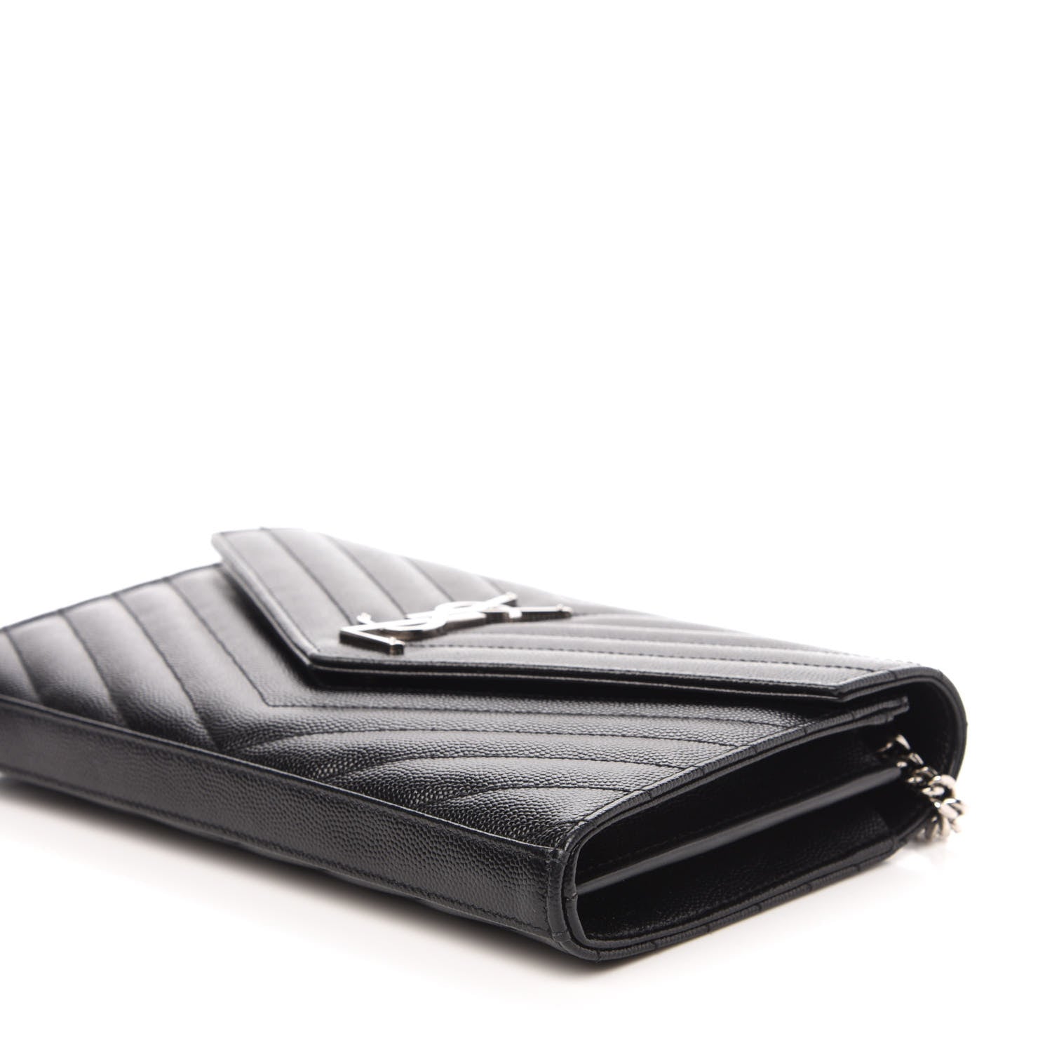 Saint Laurent Grain De Poudre Matelasse Chevron Monogram Chain Wallet Black 8 of 10