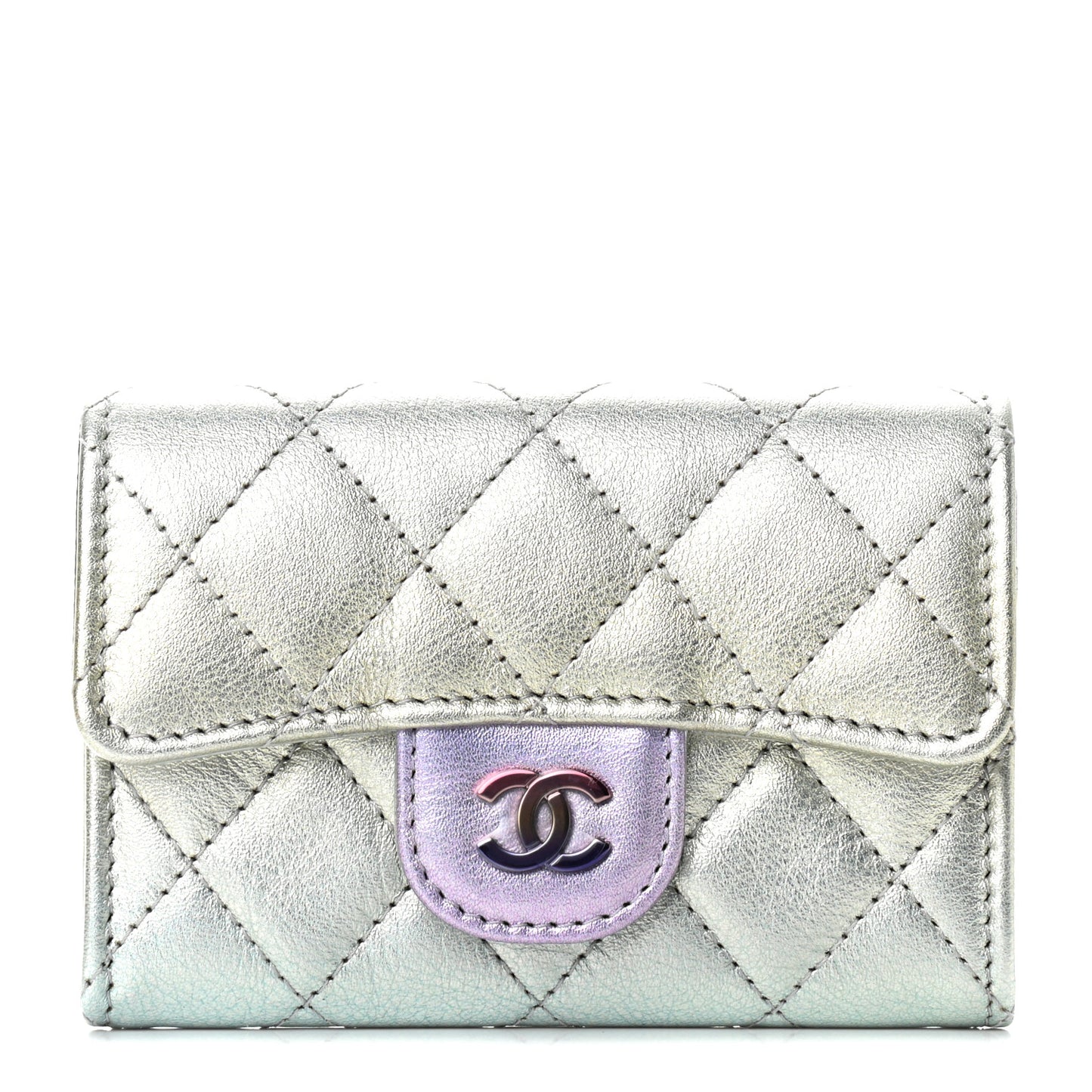 Gradient Metallic Calfskin Quilted Flap Card Holder Wallet Silver Blue Yellow Purple