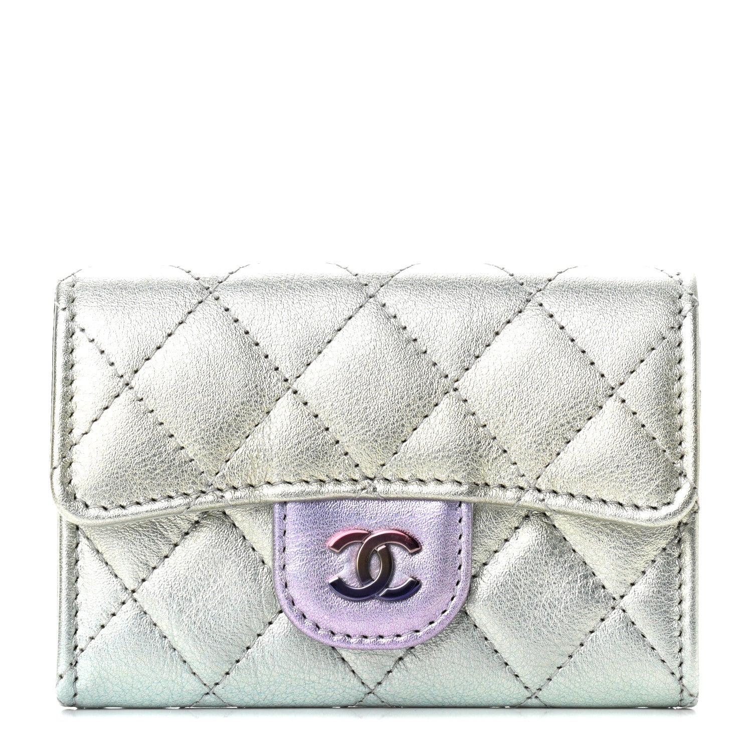 Chanel Gradient Metallic Calfskin Quilted Flap Card Holder Wallet Silver Blue Yellow Purple 1 of 8