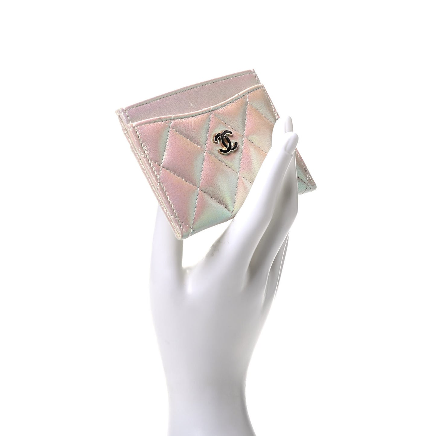 Iridescent Lambskin Quilted Card Holder Ivory