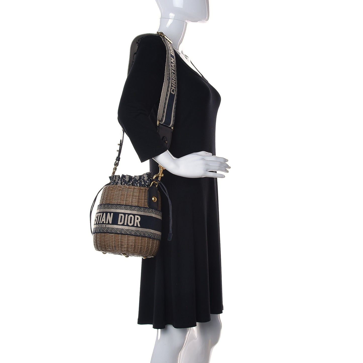 Wicker Oblique Drawstring Bucket Bag Blue