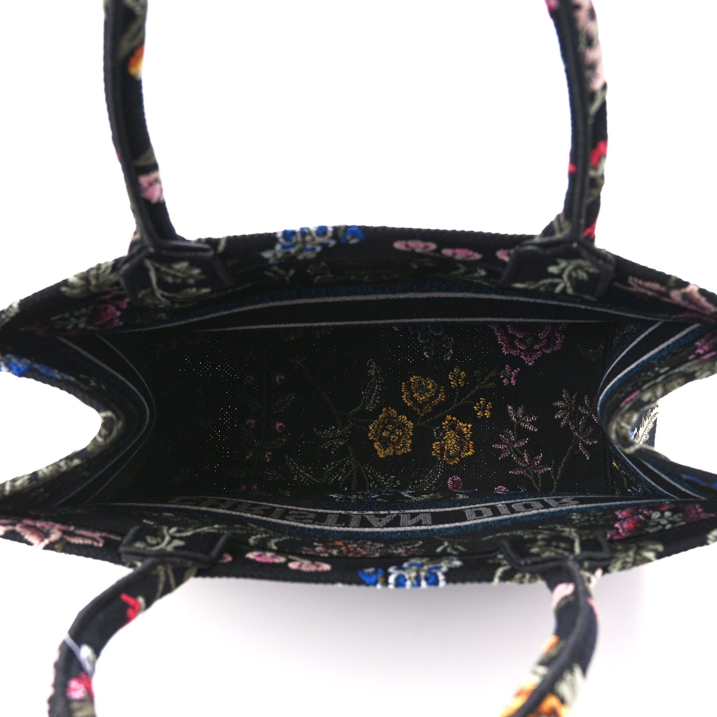 Raffia Embroidered Petites Fleurs Medium Book Tote Navy Blue Multicolor