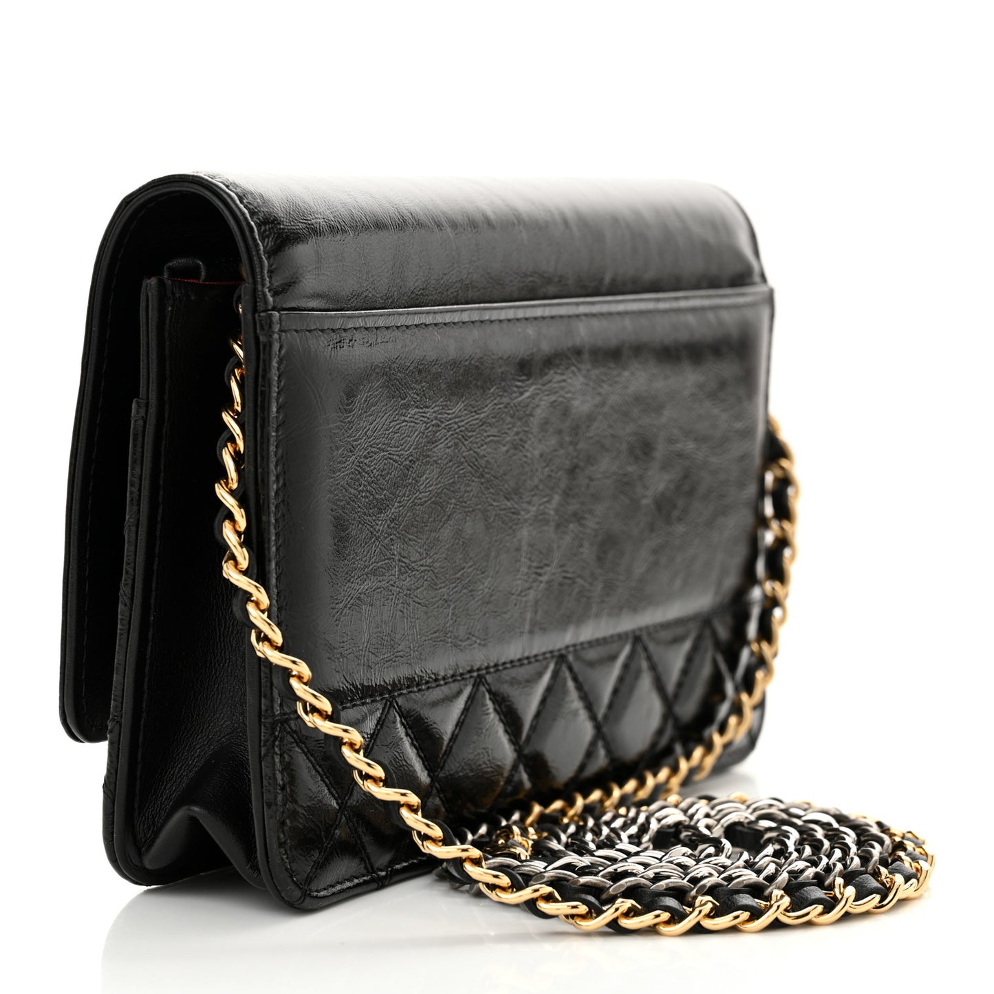 Shiny Aged Calfskin Quilted CC Wallet On Chain WOC Black