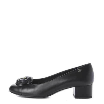 Chanel Lambskin Pearl Camellia Cap Toe Pumps 38.5 Black 1 of 11