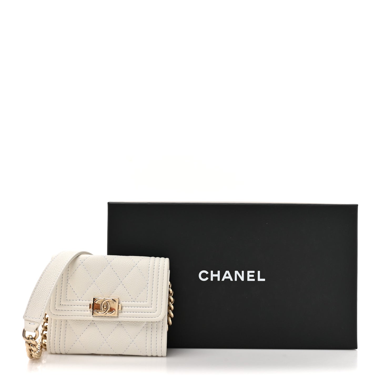 Caviar Quilted Boy Card Holder On Chain White