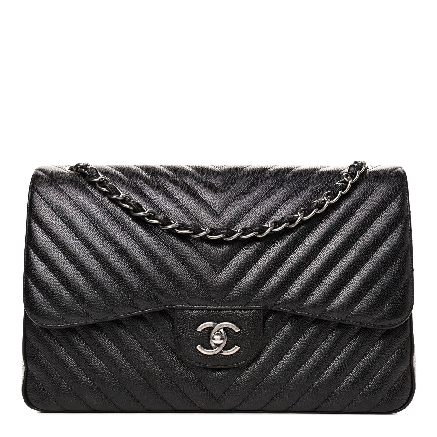 Iridescent Caviar Chevron Quilted Jumbo Double Flap Black
