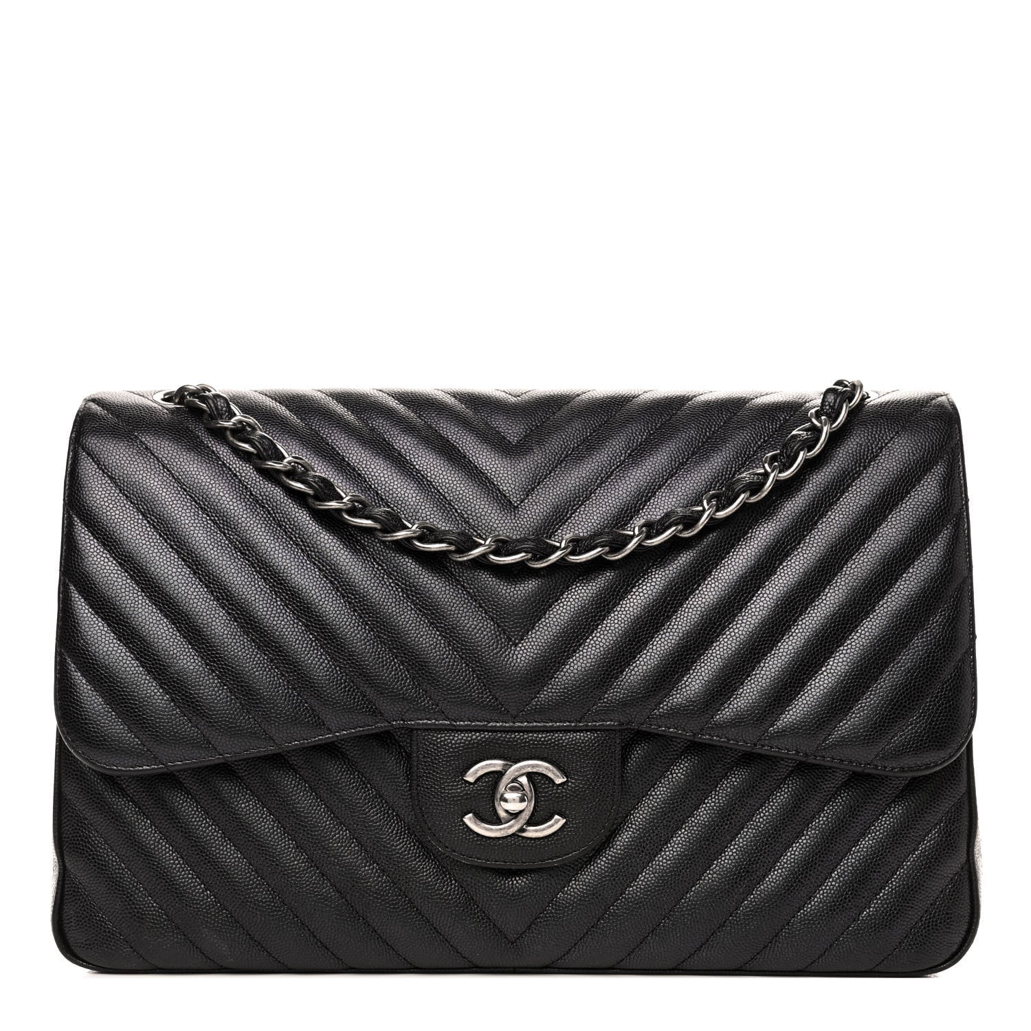 Chanel Iridescent Caviar Chevron Quilted Jumbo Double Flap Black 1 of 5