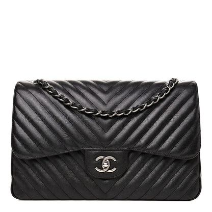 Chanel Iridescent Caviar Chevron Quilted Jumbo Double Flap Black 1 of 5