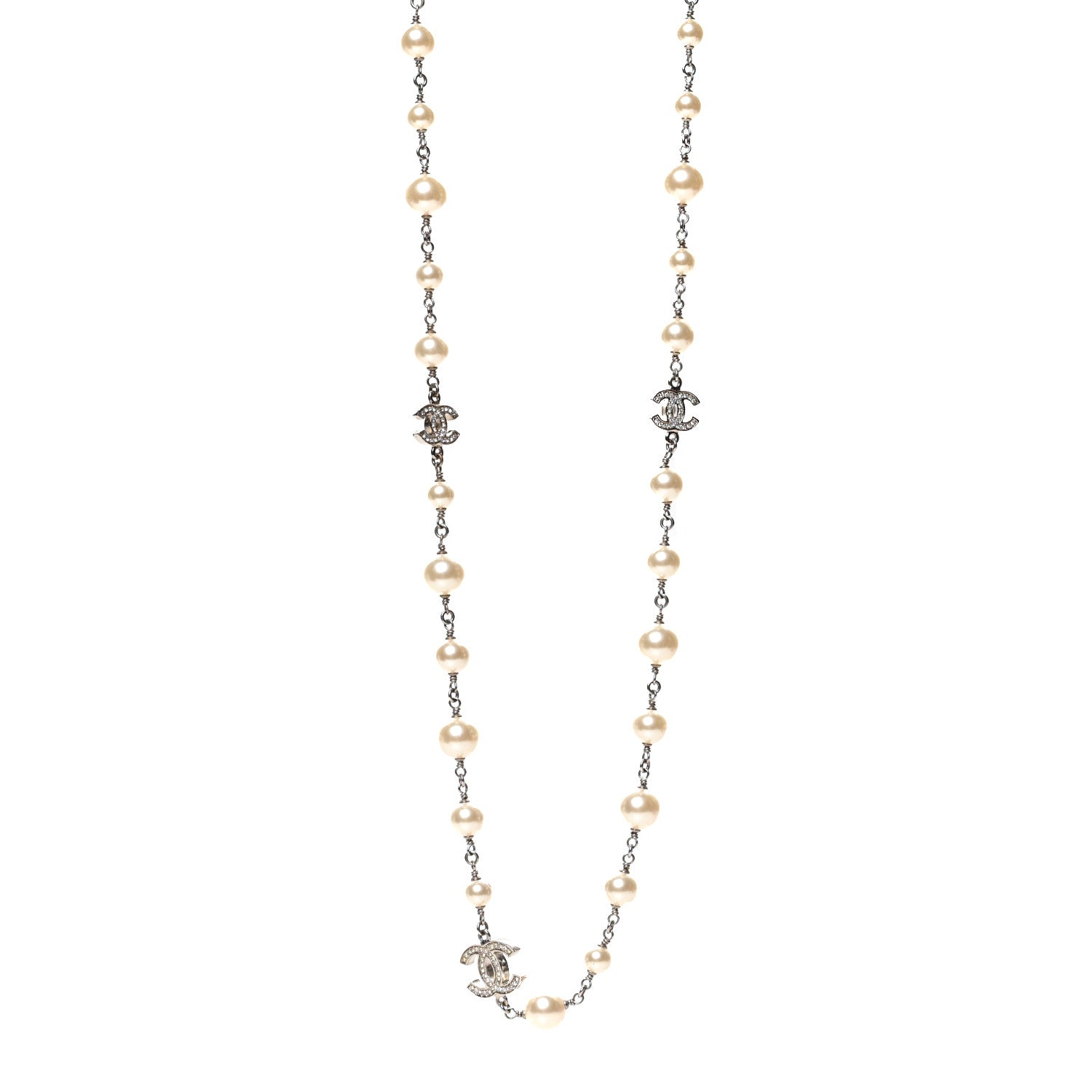 Chanel Graduated Pearl Crystal CC Long Necklace Silver 1 of 5
