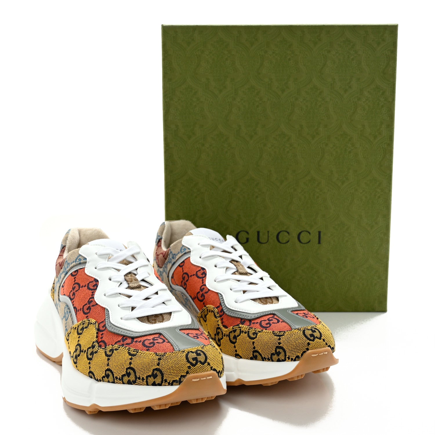 Gucci Monogram Multicolor Mens Rhyton Sneakers 10 Yellow Blue Great White Tabasco 10 of 10