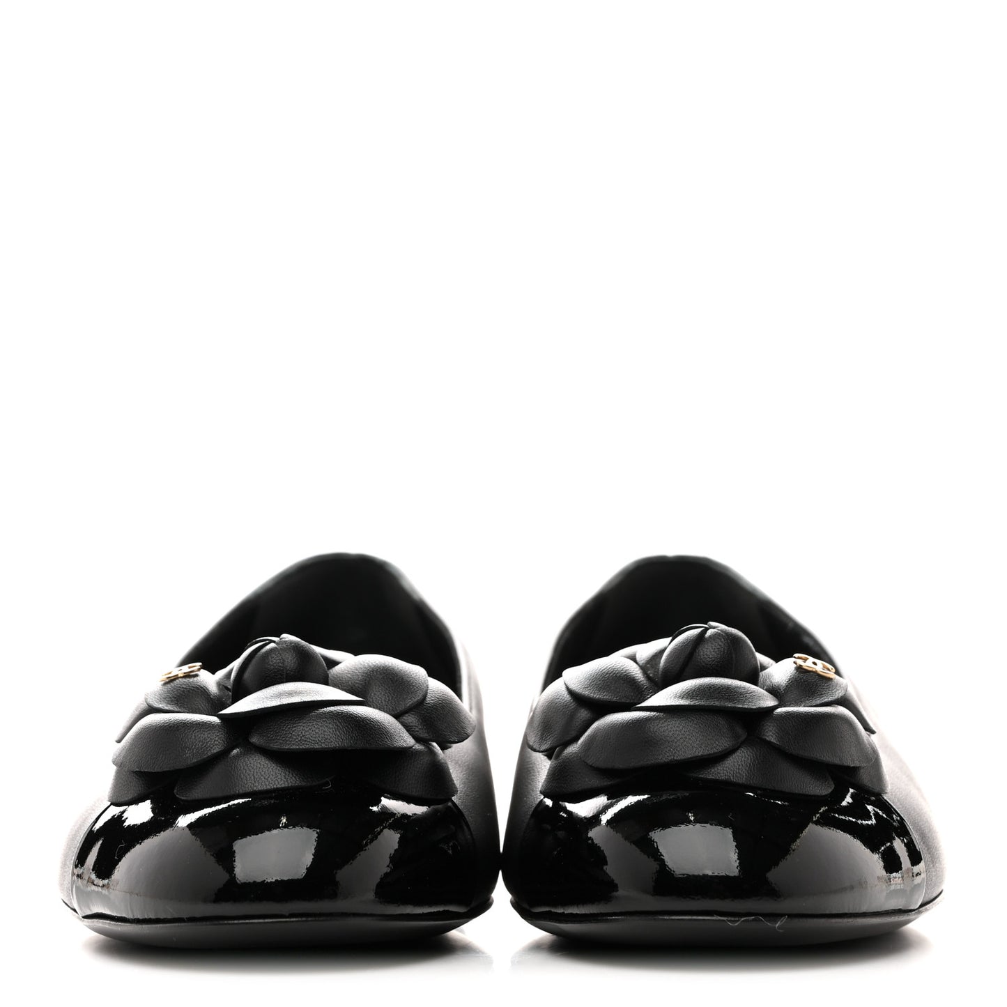 Lambskin Patent Cap Toe Camellia Ballerina Flats 38 Black