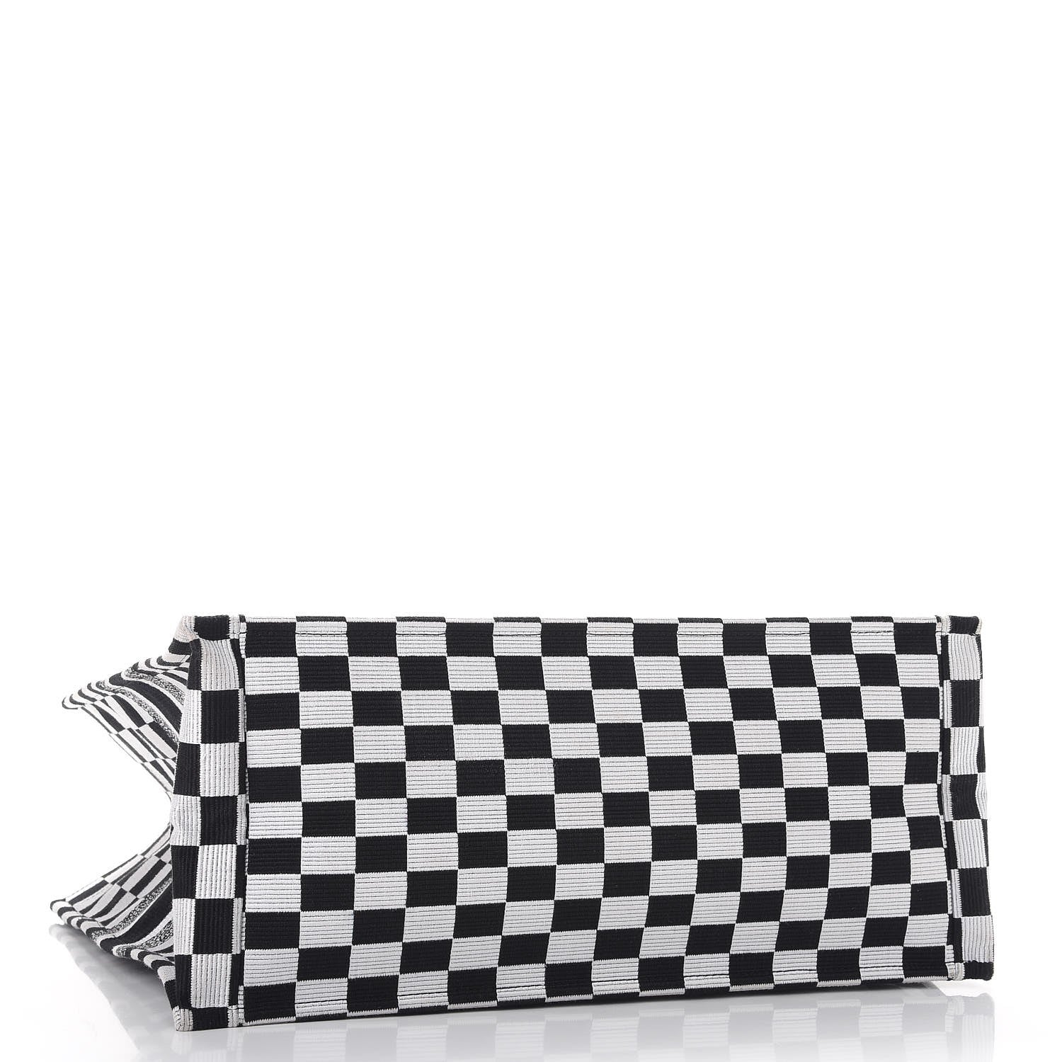 Christian Dior Canvas Embroidered Checkered Book Tote Black White 4 of 9