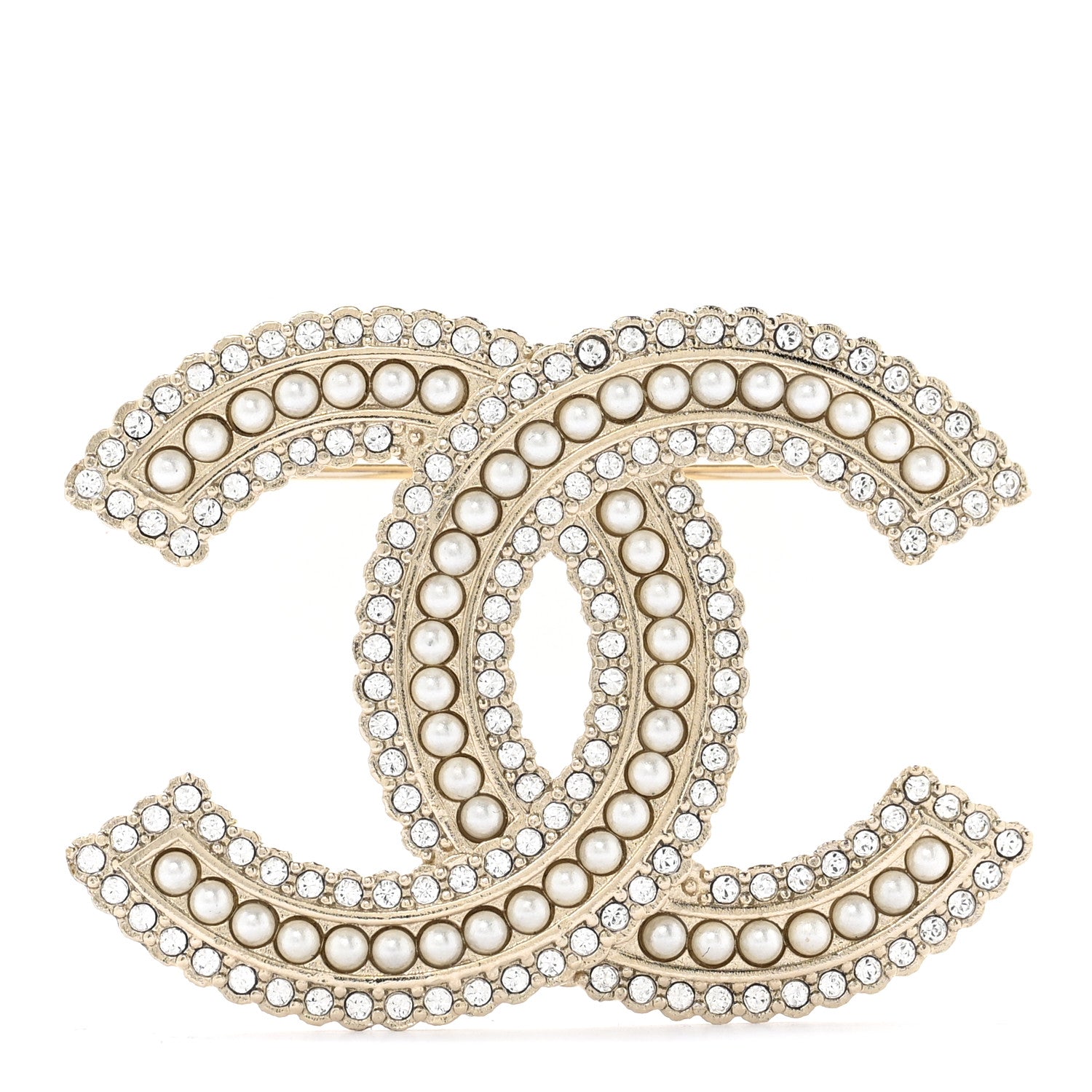 Chanel Pearl Crystal Lace Camellia CC Brooch Gold 1 of 4