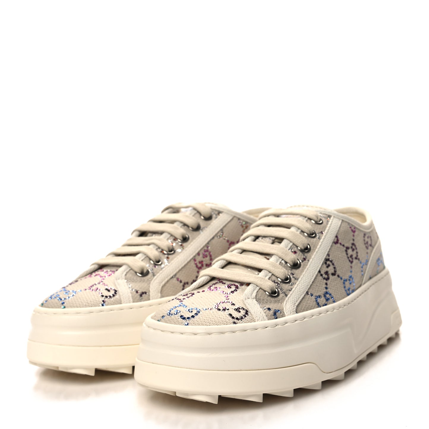 Canvas Lame Crystal GG Monogram Womens 1977 Tennis Platform 52mm Sneakers 36 Gardenia Silver Mystic White