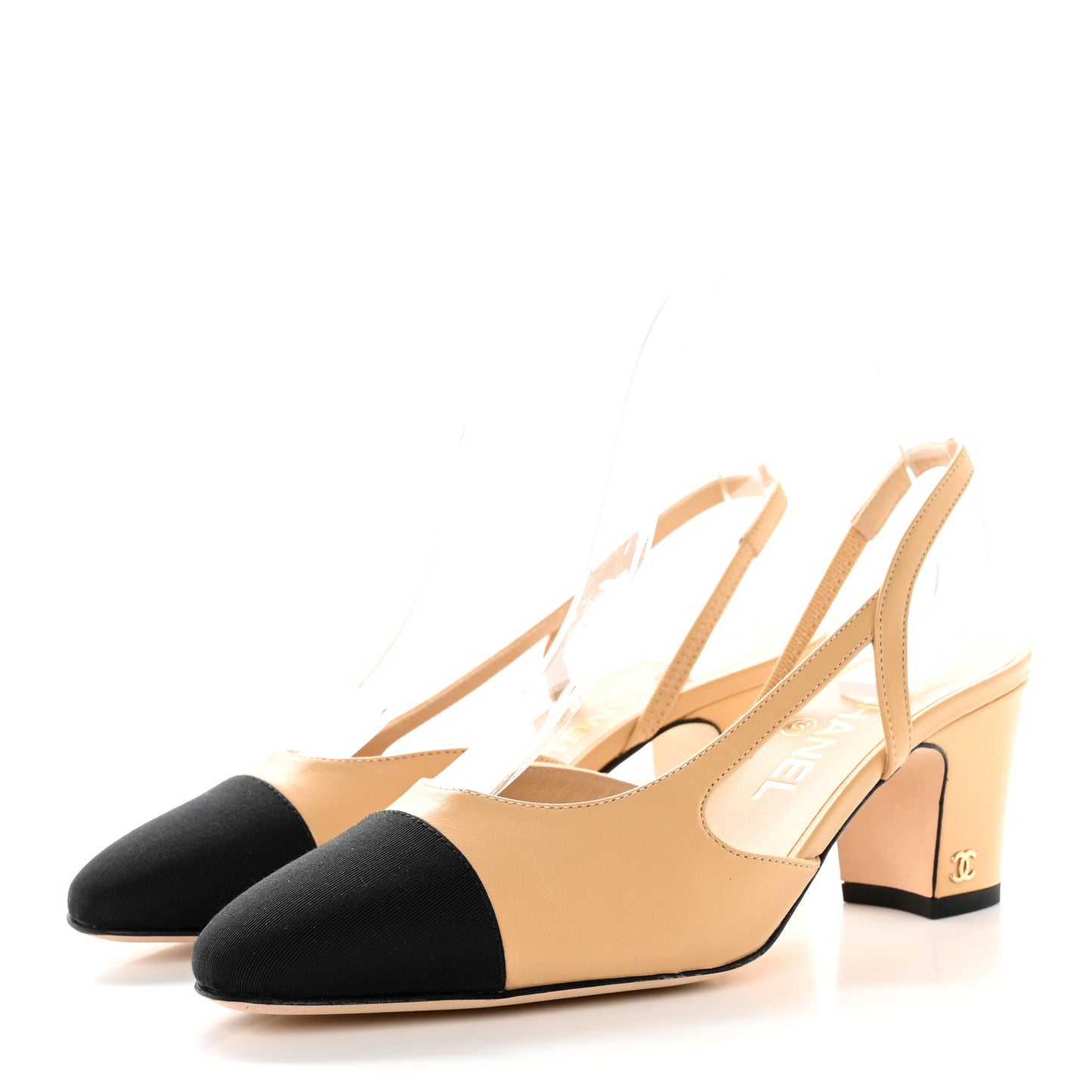 Goatskin Grosgrain Cap Toe CC Slingback Pumps 37 Beige Black