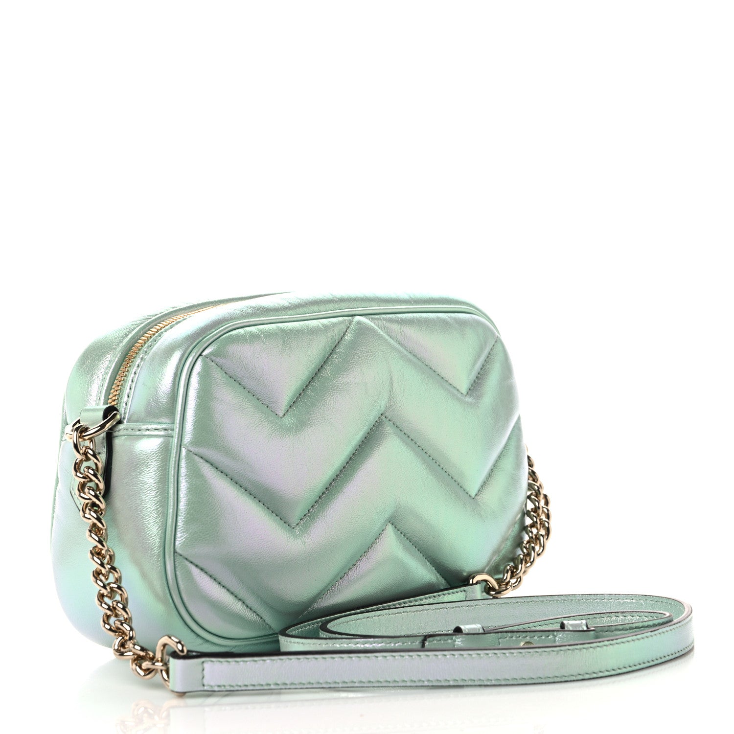 Gucci Iridescent Nappa Chevron Matelasse Small GG Marmont Chain Shoulder Bag Iridescent Salvy Green 3 of 12
