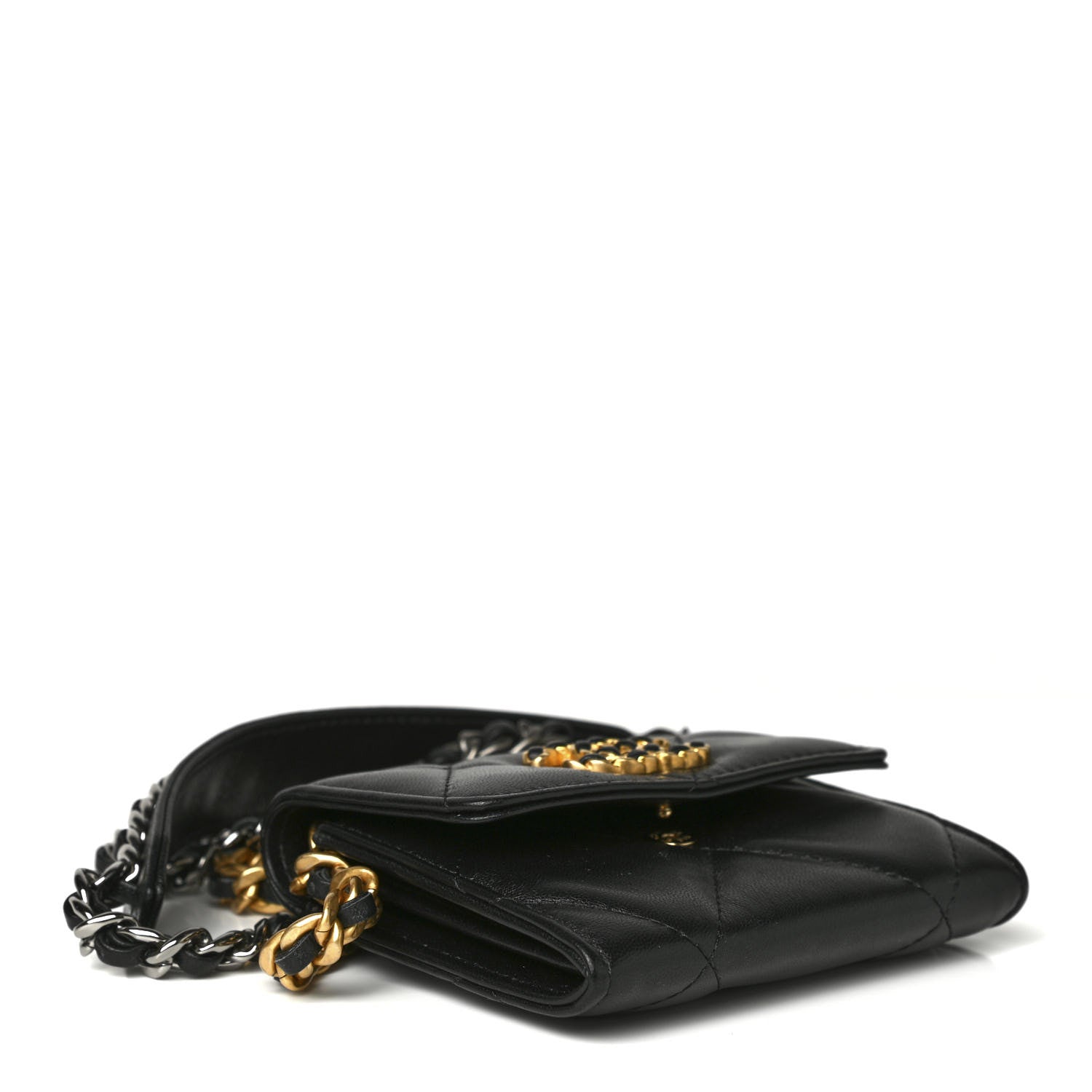 Chanel Shiny Goatskin Quilted Chanel 19 Flap Coin Purse With Chain Black 4 of 10