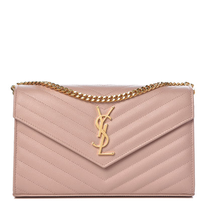Saint Laurent Grain De Poudre Matelasse Chevron Monogram Chain Wallet Pale Pink 1 of 10