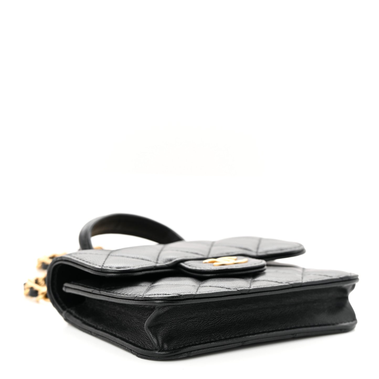 Lambskin Quilted Top Handle Flap Coin Purse With Chain Black
