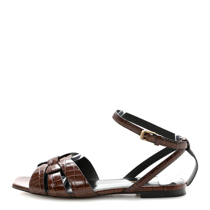 Saint Laurent Calfskin Crocodile Embossed Tribute 05 Ankle Strap Sandals 37.5 Moro 1 of 8