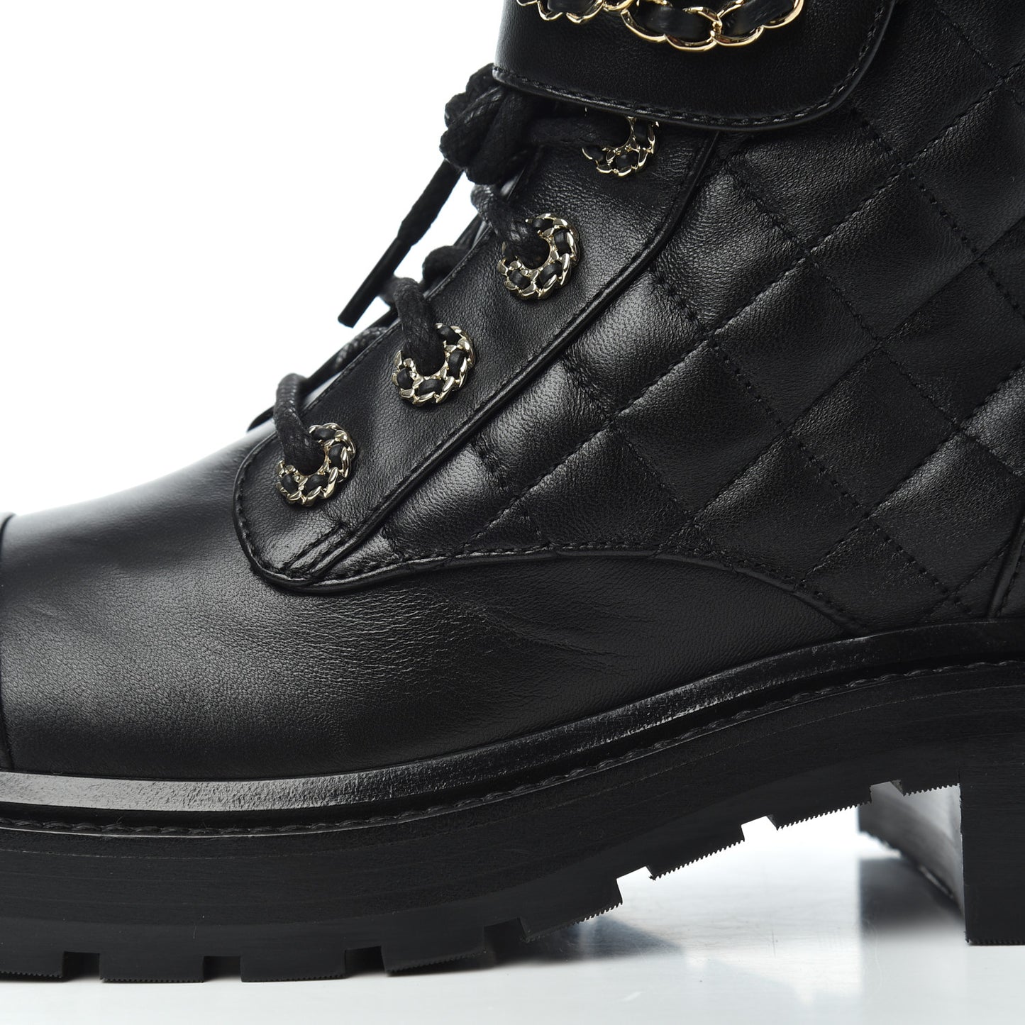Shiny Lambskin Quilted Lace Up Combat Boots 36.5 Black
