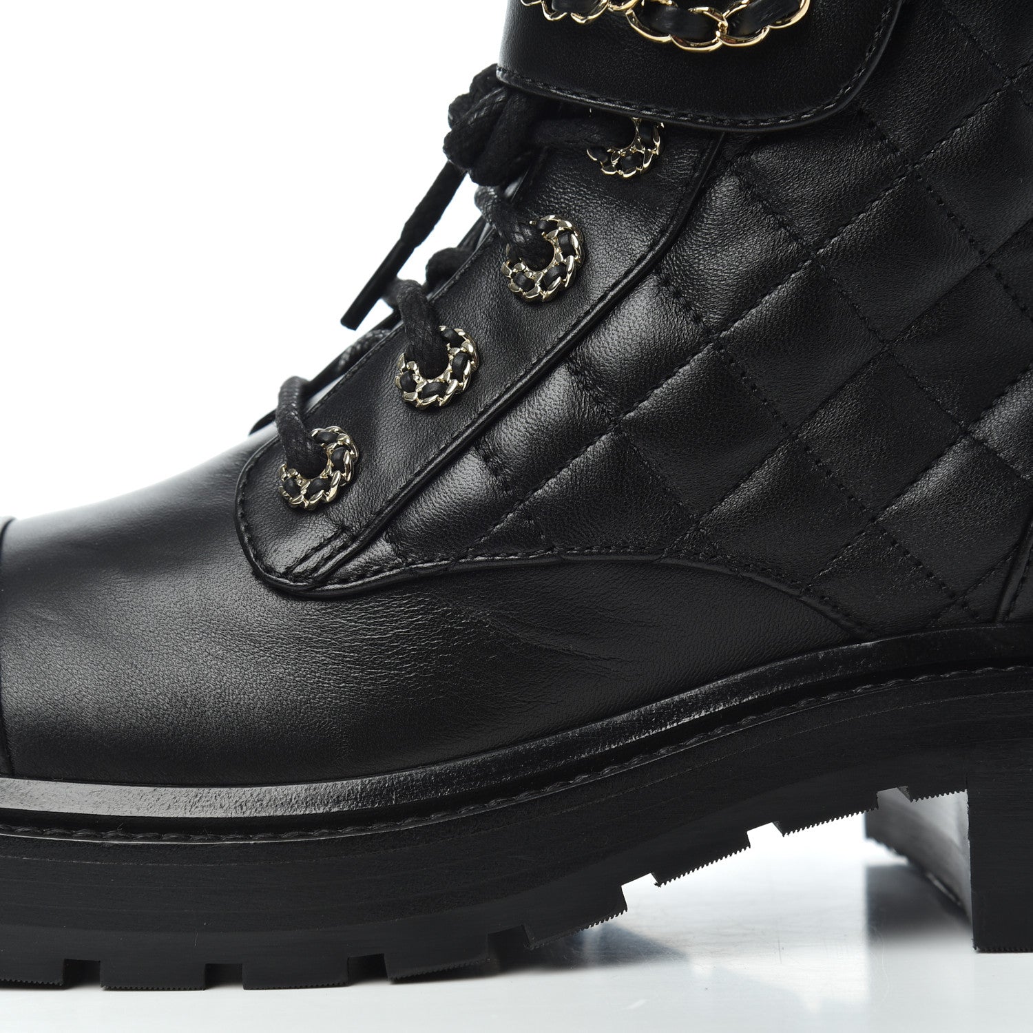 Chanel Shiny Lambskin Quilted Lace Up Combat Boots 36.5 Black 12 of 17