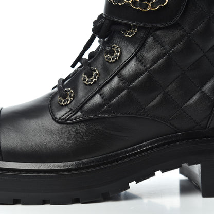 Chanel Shiny Lambskin Quilted Lace Up Combat Boots 36.5 Black 12 of 17