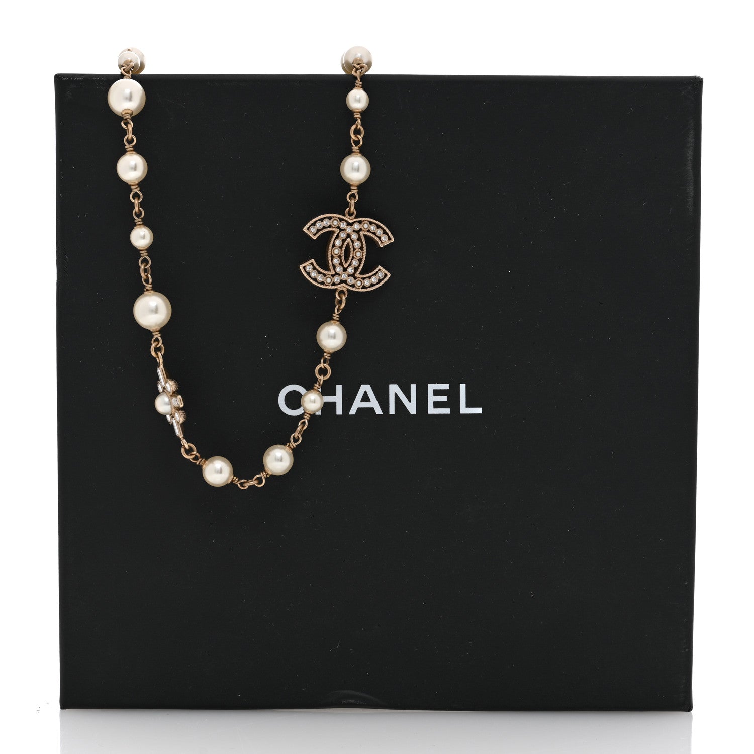 Chanel Crystal Baguette Pearl CC Cross Short Necklace Gold 5 of 5