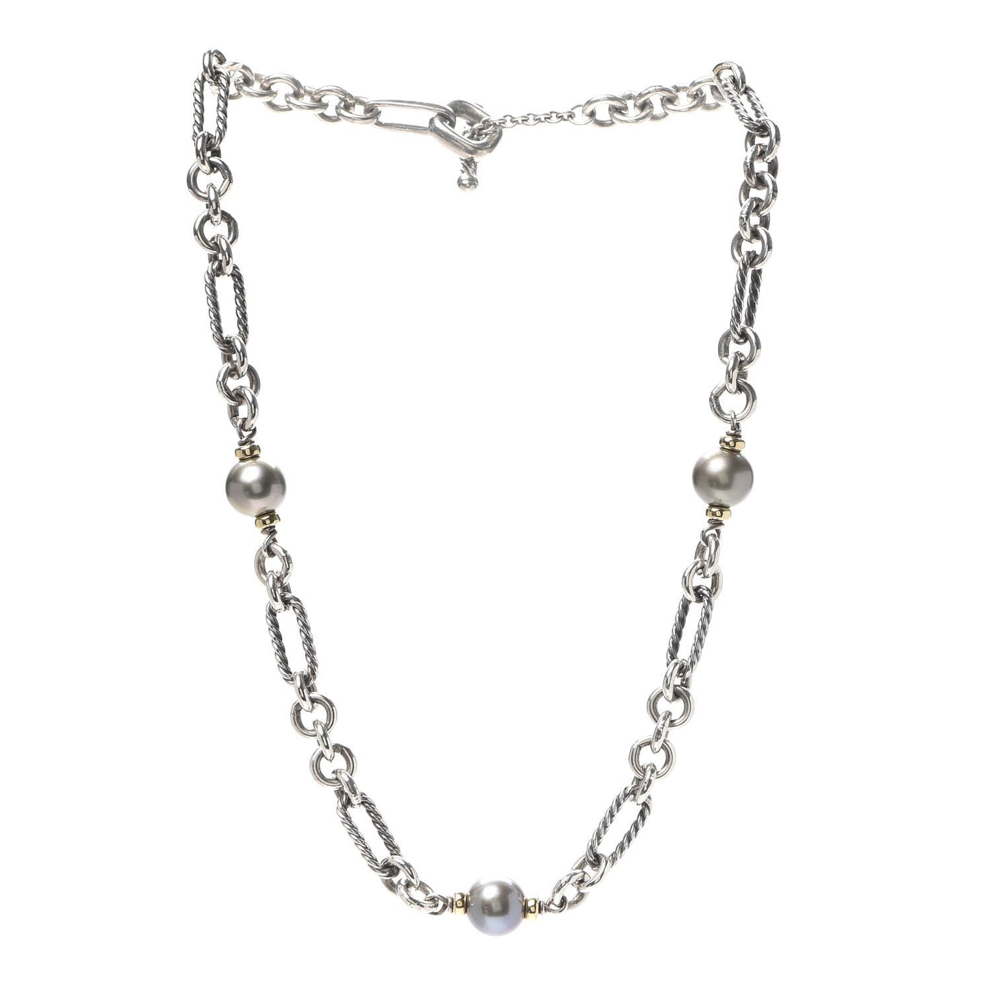 Sterling Silver 18K Yellow Gold Tahitian Pearl Figaro Chain Necklace