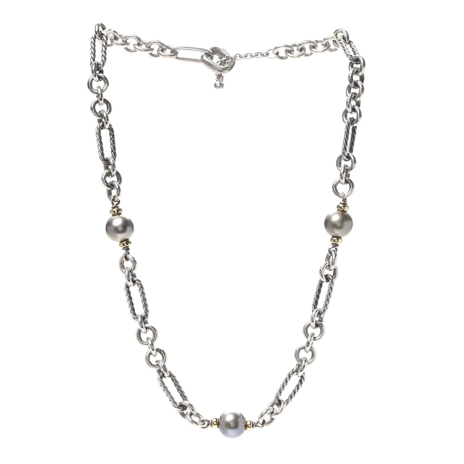David Yurman Sterling Silver 18K Yellow Gold Tahitian Pearl Figaro Chain Necklace 3 of 4