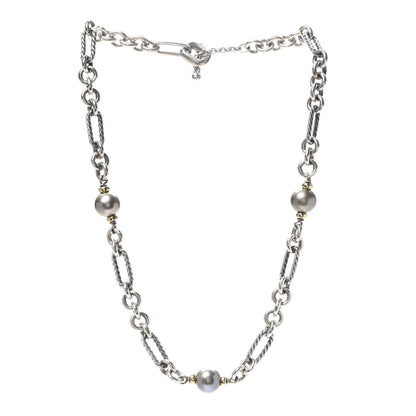 David Yurman Sterling Silver 18K Yellow Gold Tahitian Pearl Figaro Chain Necklace 3 of 4