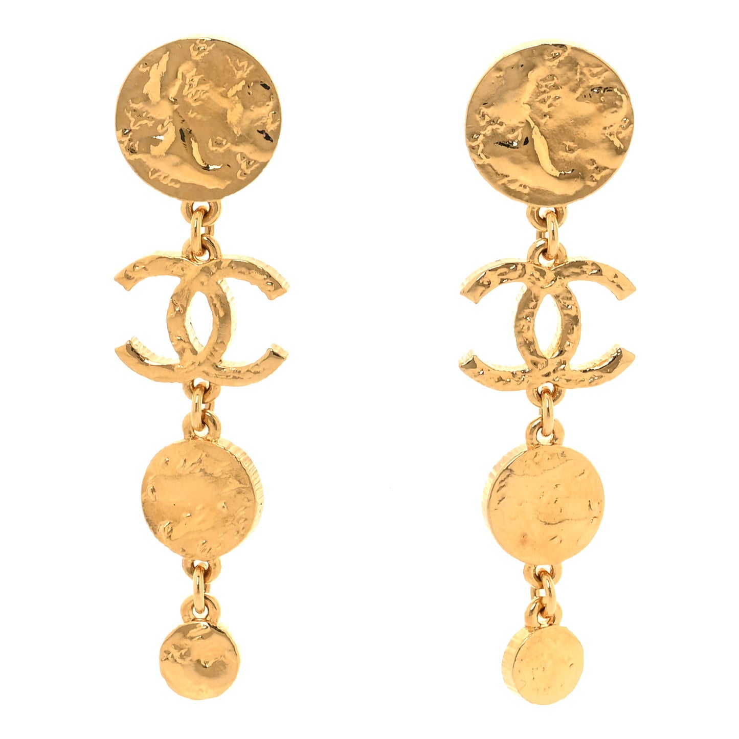 Metal Disc CC Long Drop Earrings Gold