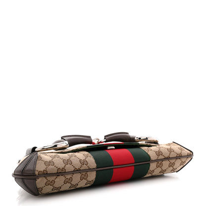 Gucci Monogram Textured Dollar Calfskin Heavy Grosgrain Web Medium Maxi Horsebit Chain Shoulder Bag Beige Ebony New Acero 4 of 10