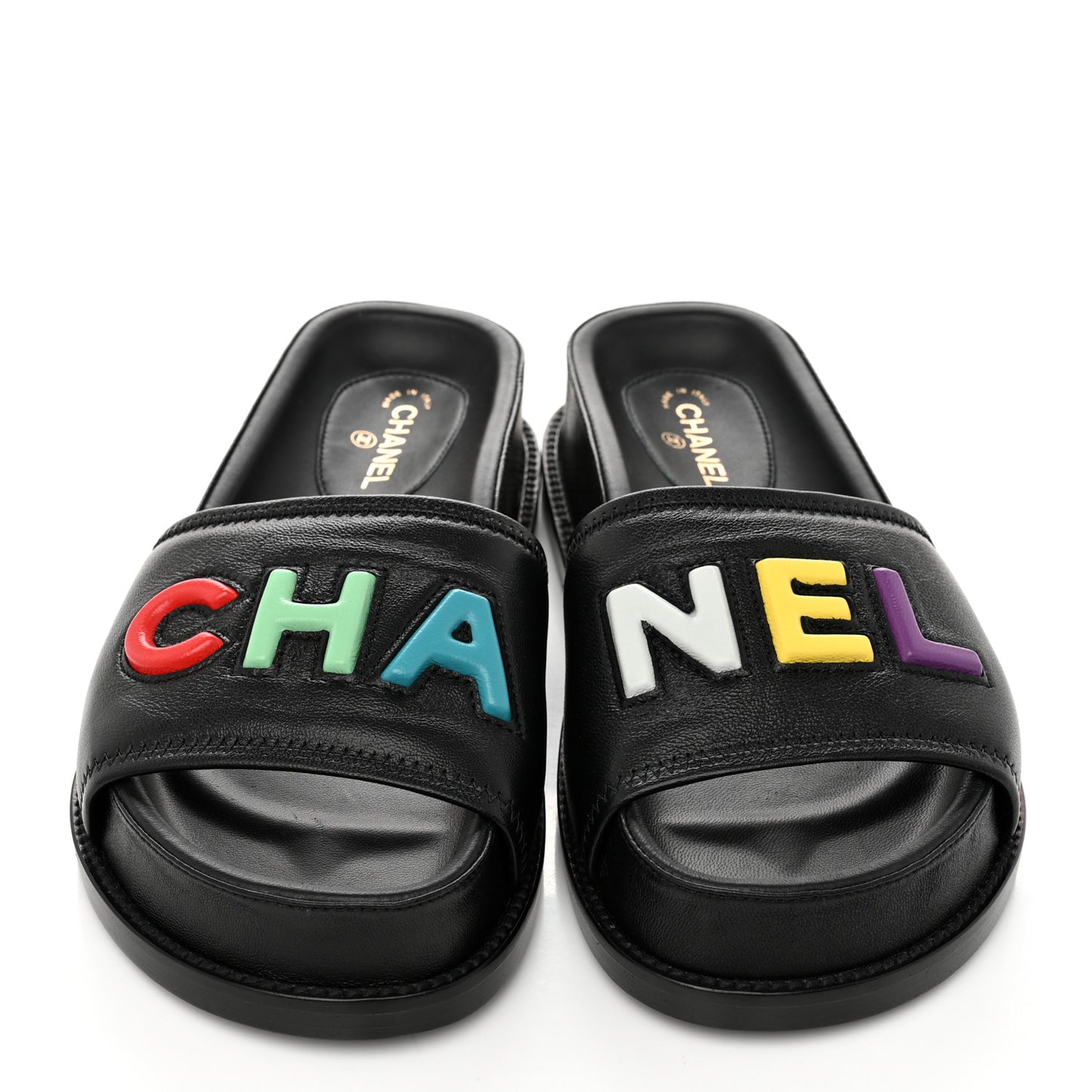 Lambskin Cha-Nel Mule Sandals 36 Black Multicolor