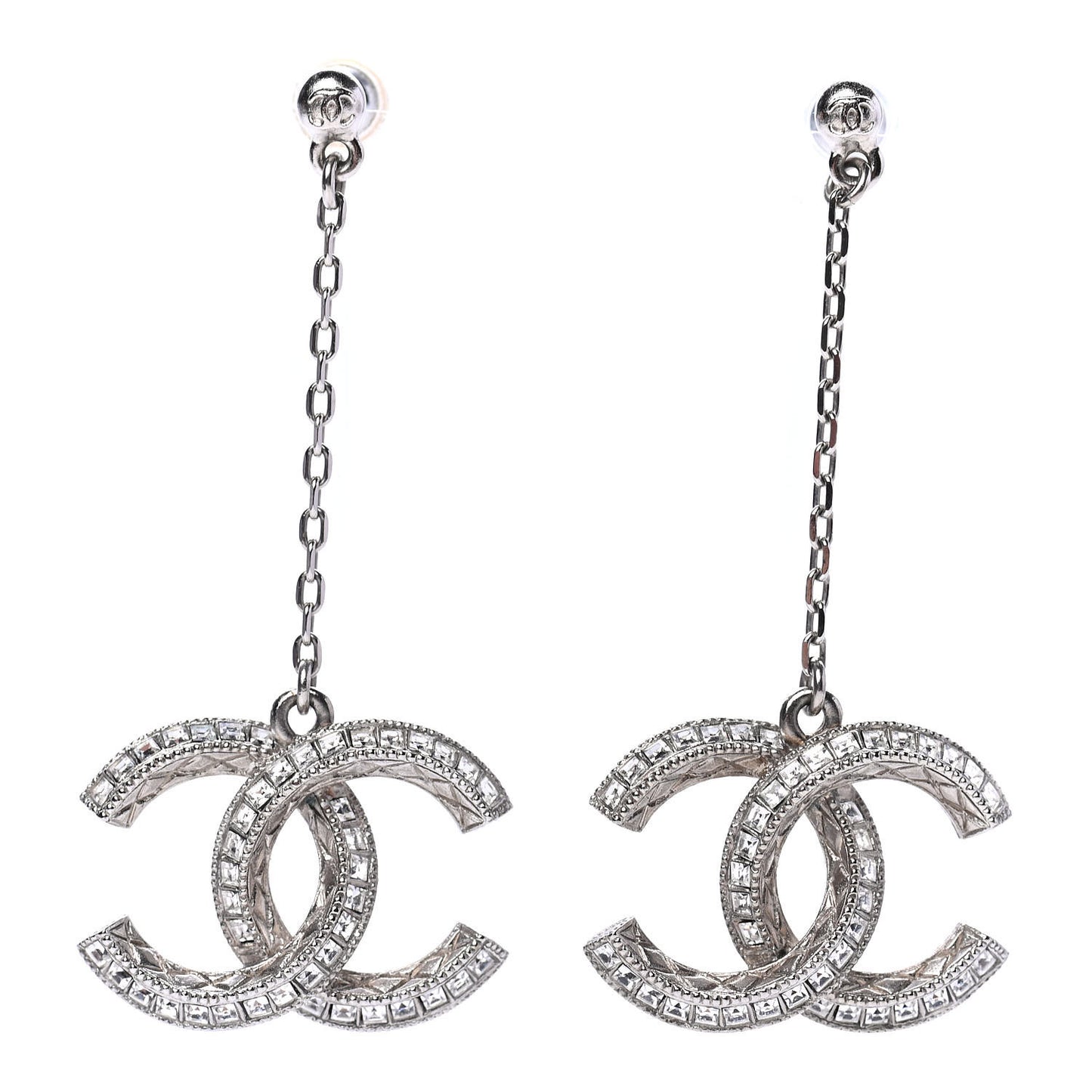 Baguette Crystal CC Drop Earrings Silver