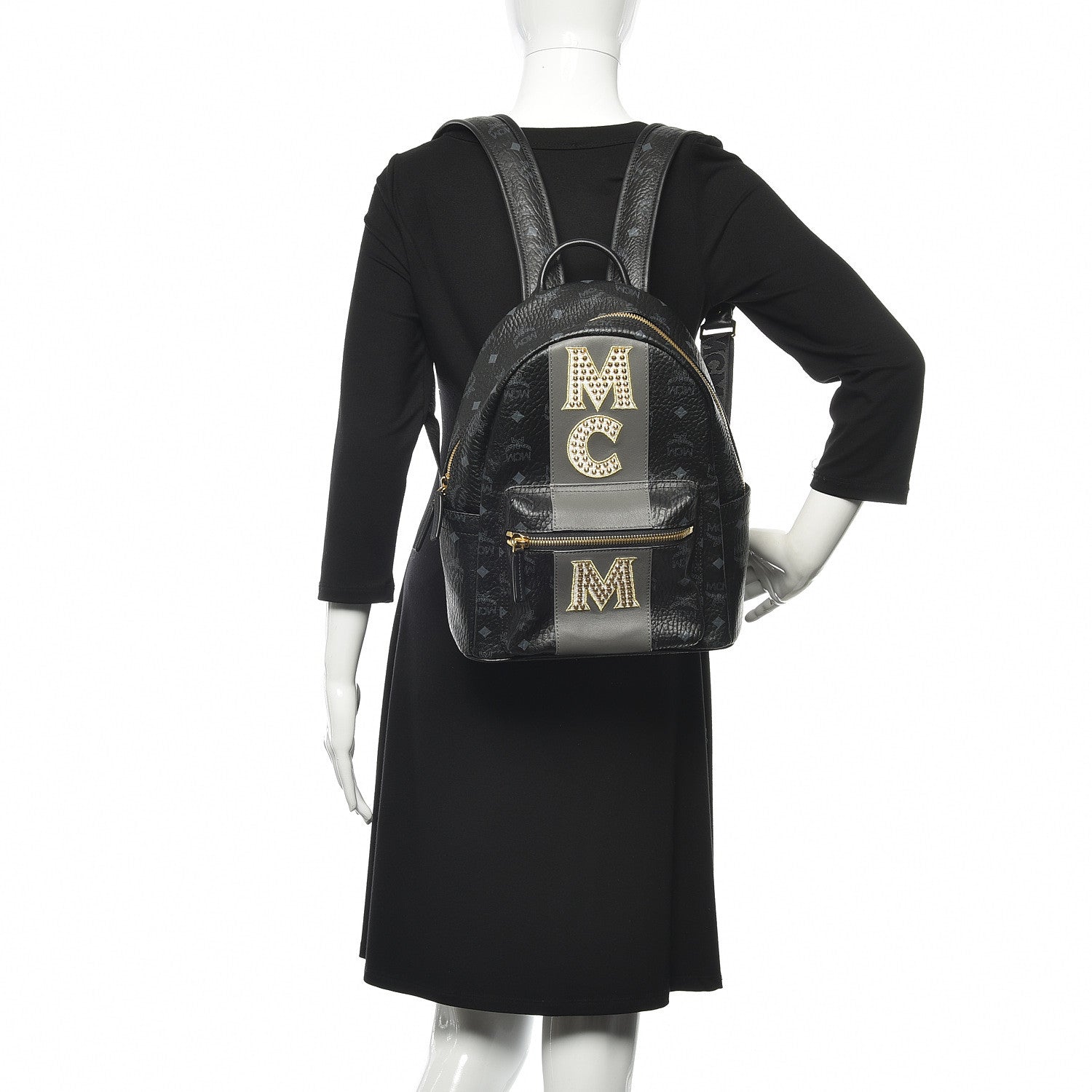 MCM Visetos Studded Small Studded Logo Stripe Backpack Black 2 of 9